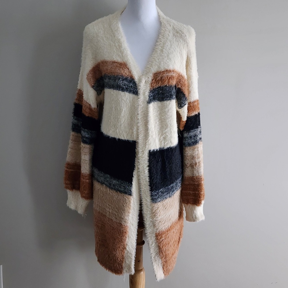 Sioni Eyelash Knit Cardigan Womens M Striped Fuzzy Earthy Sweater Cozy Soft Fall